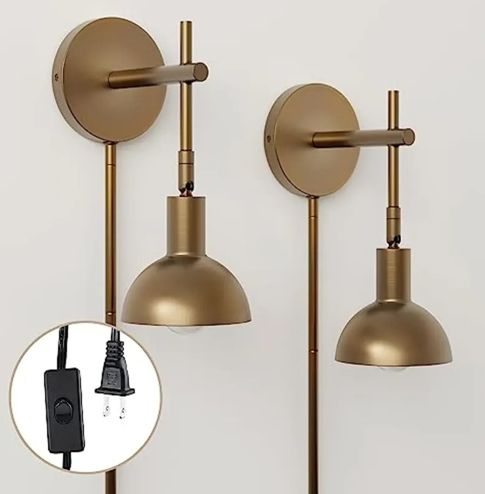 Nathan James Tamlin Vintage Brass Wall Light Fixture, Wall Mounted 1-Light Lamp, Plugin Sconce with On/Off Switch for Living Room, Reading Nook or Bedroom, Brass, Set of 2