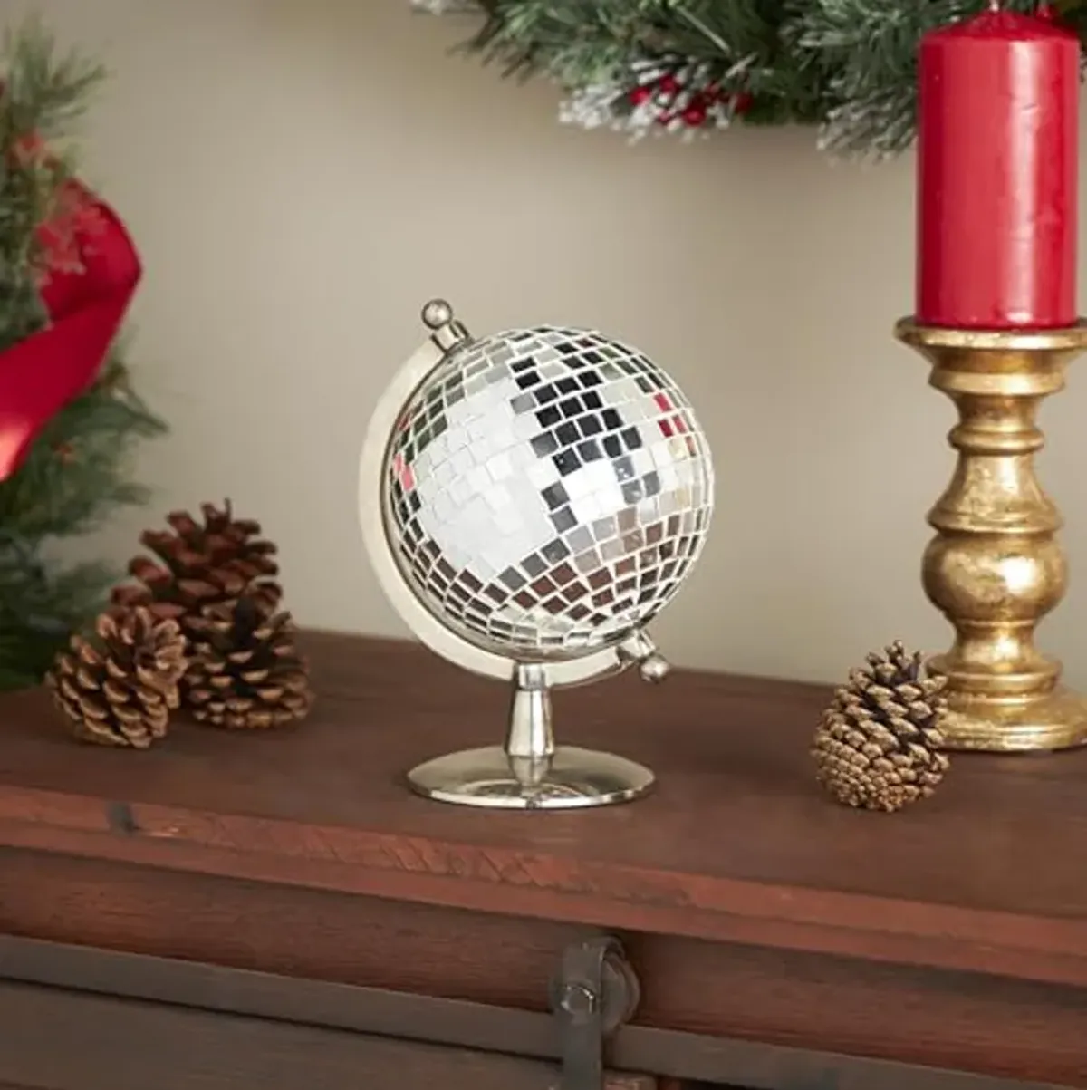 The Novogratz Stainless Steel Disco Ball Style Globe, 8" x 7" x 10", Silver