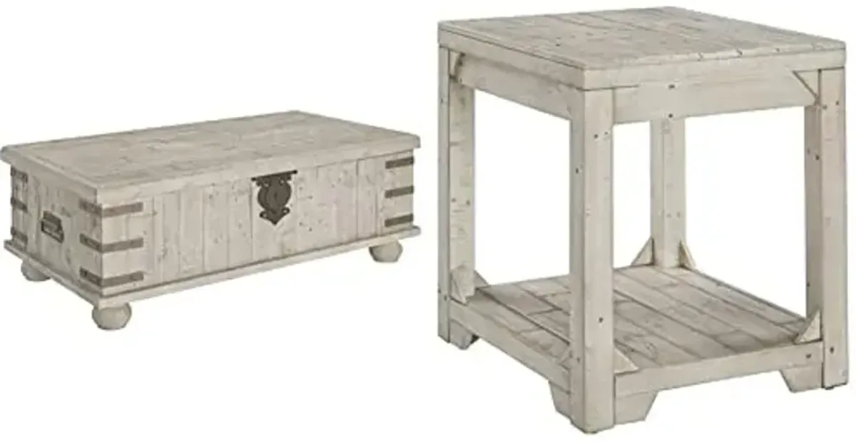 Signature Design by Ashley Carynhurst Lift Top Rustic Farmhouse Cocktail Table, Antique Off White & Fregine Farmhouse Square End Table with Floor Shelf, Weathered White Finish
