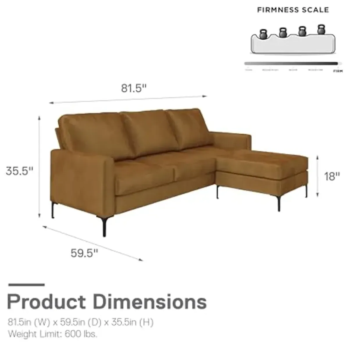 DHP Novogratz Chapman Reversible Sectional Sofa and Floating Ottoman with Black Metal Legs in Rust