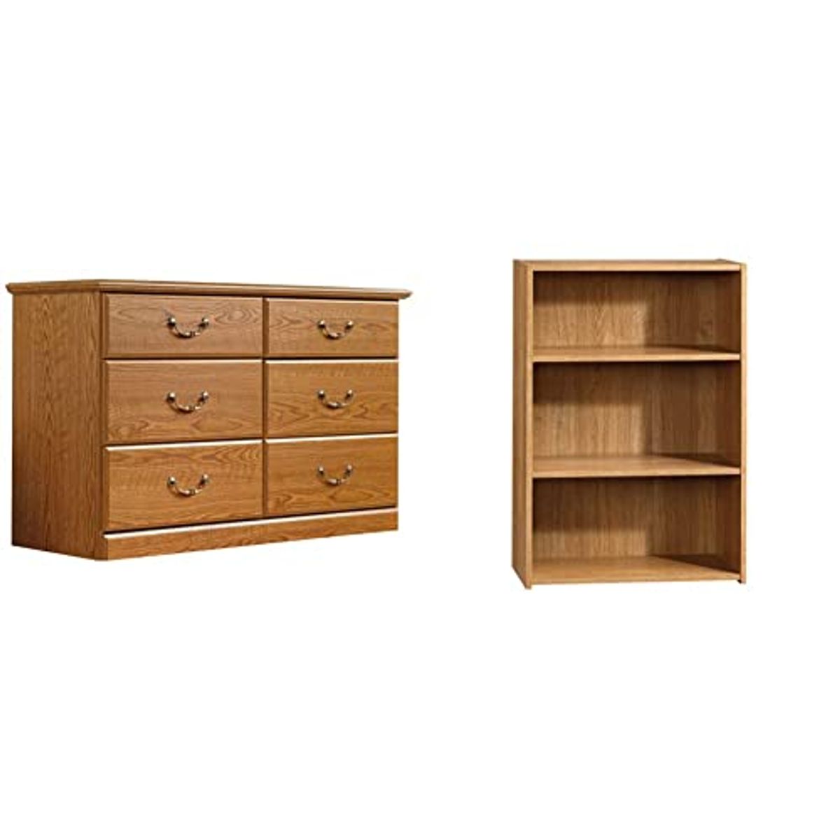 Sauder Orchard Hills Dresser, Carolina Oak Finish & Beginnings 3-Shelf Bookcase, Highland Oak Finish