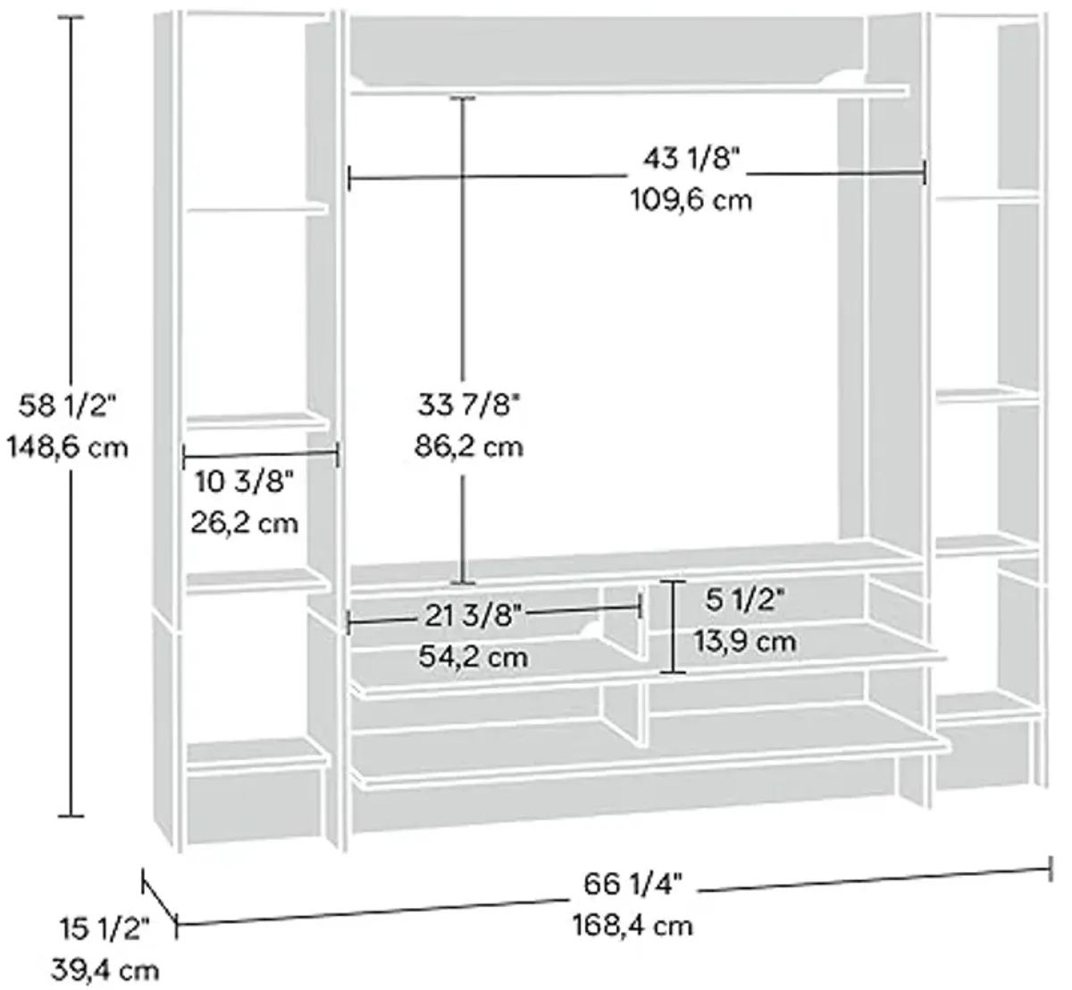 Sauder Beginnings Wall System TV Credenza, L: 66.3" x W: 15.51" x H: 58.5", Silver Sycamore Finish