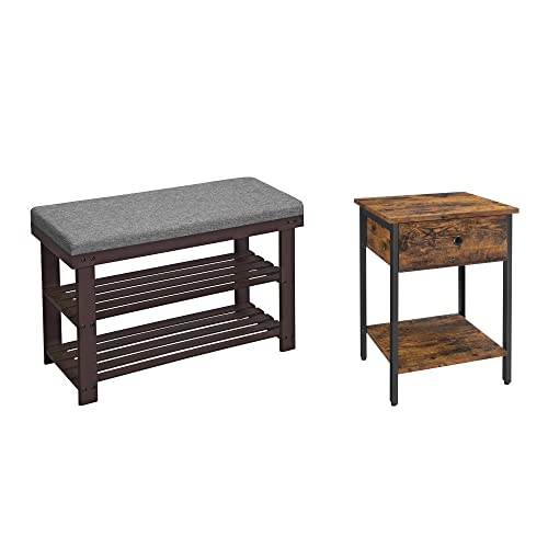 VASAGLE Shoe Rack and Nightstand Bundle, Shoe Organizer, Brown and Gray