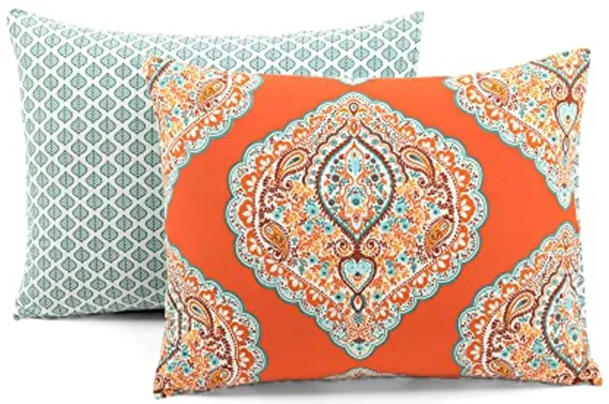 Lush Decor Harley Reversible Cotton Duvet Cover Set, 3 Piece Set, Full/ Queen, Tangerine - Boho Bedding Set - Orange Duvet Cover - Bold & Colorful Paisley Duvet Cover - Maximalist & Boho Bedroom Decor