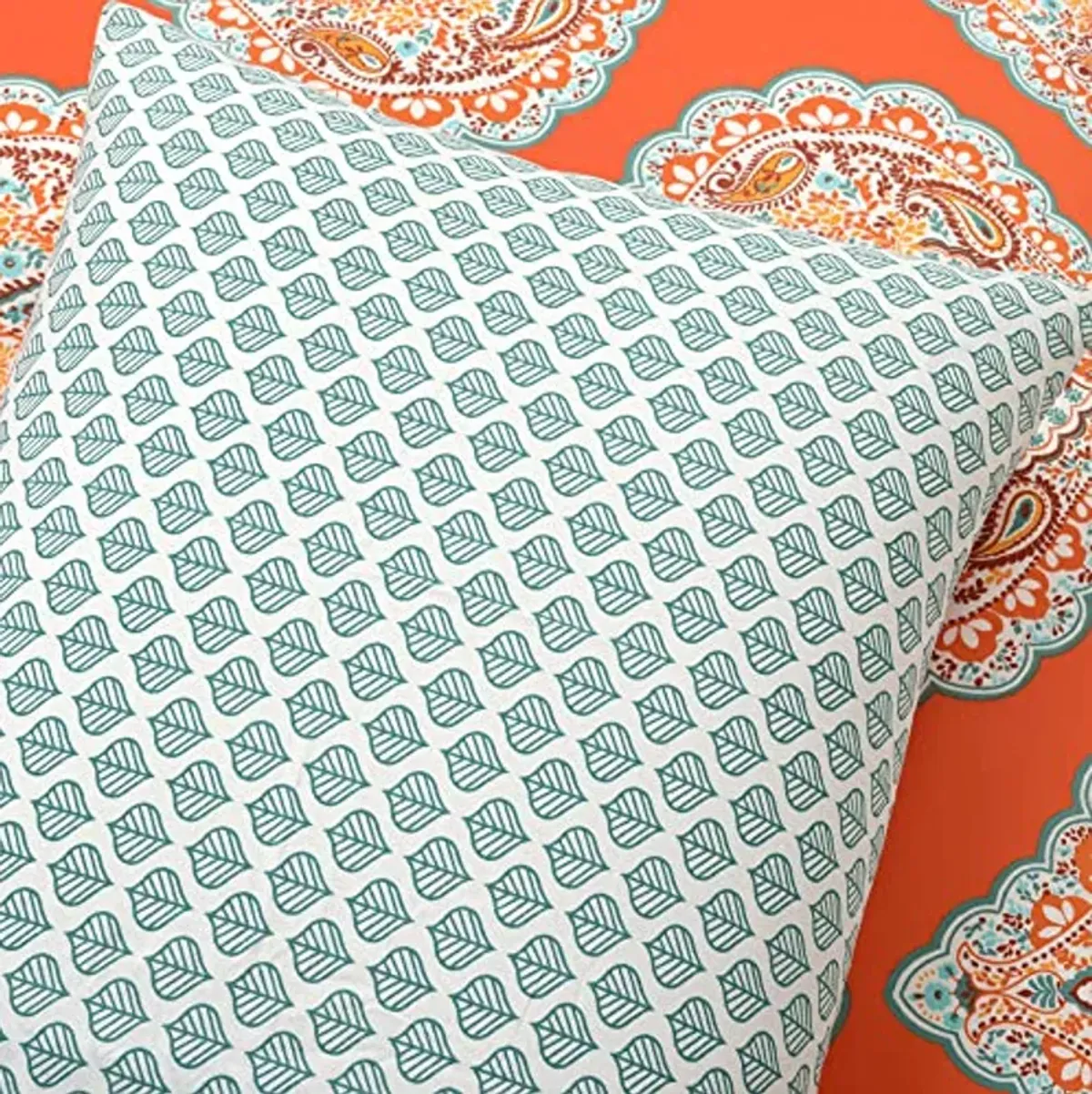 Lush Decor Harley Reversible Cotton Duvet Cover Set, 3 Piece Set, Full/ Queen, Tangerine - Boho Bedding Set - Orange Duvet Cover - Bold & Colorful Paisley Duvet Cover - Maximalist & Boho Bedroom Decor