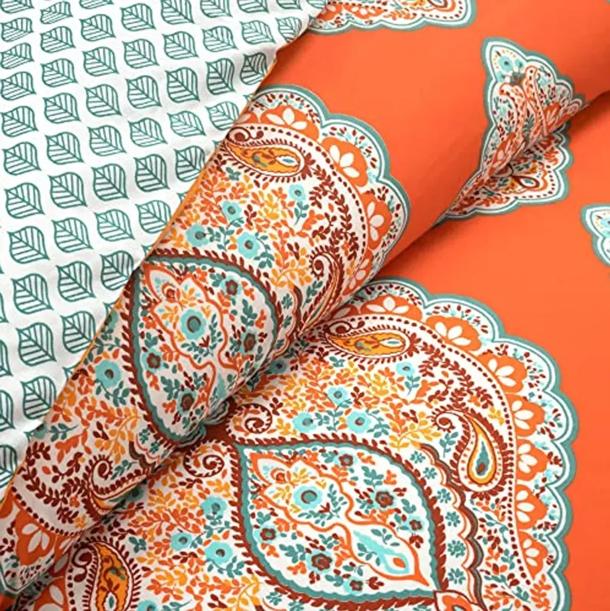 Lush Decor Harley Reversible Cotton Duvet Cover Set, 3 Piece Set, Full/ Queen, Tangerine - Boho Bedding Set - Orange Duvet Cover - Bold & Colorful Paisley Duvet Cover - Maximalist & Boho Bedroom Decor