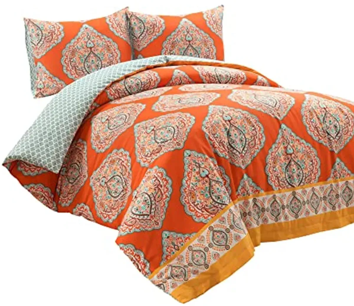 Lush Decor Harley Reversible Cotton Duvet Cover Set, 3 Piece Set, Full/ Queen, Tangerine - Boho Bedding Set - Orange Duvet Cover - Bold & Colorful Paisley Duvet Cover - Maximalist & Boho Bedroom Decor