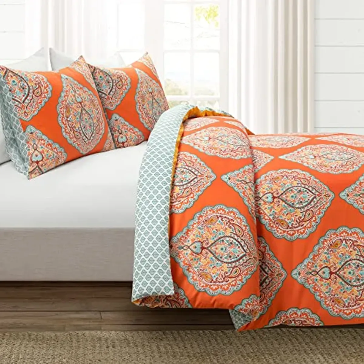 Lush Decor Harley Reversible Cotton Duvet Cover Set, 3 Piece Set, Full/ Queen, Tangerine - Boho Bedding Set - Orange Duvet Cover - Bold & Colorful Paisley Duvet Cover - Maximalist & Boho Bedroom Decor