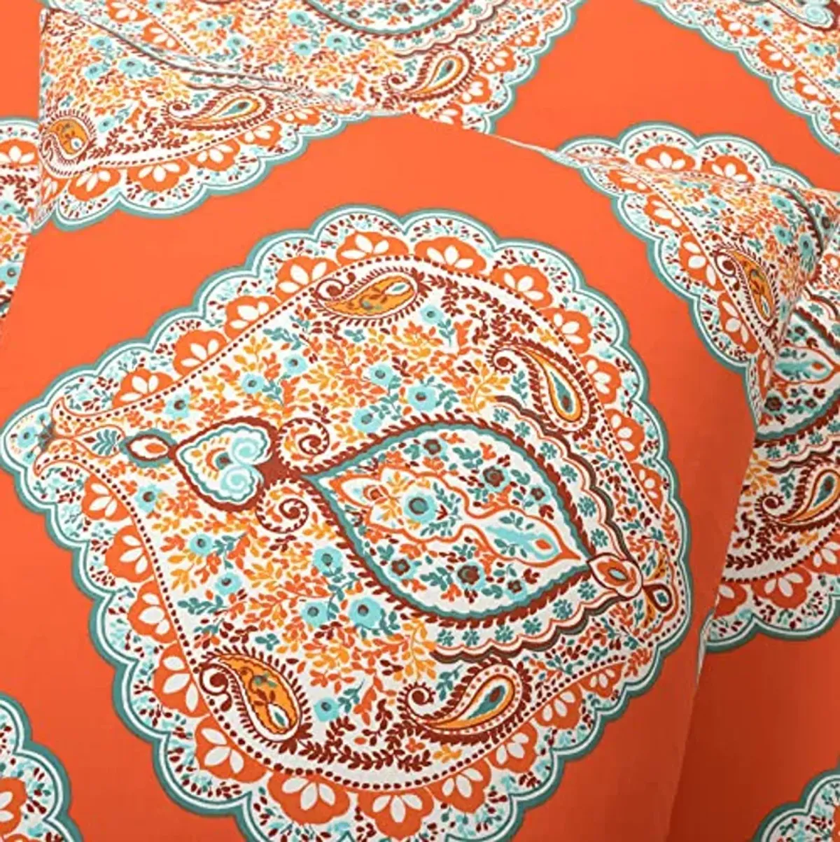 Lush Decor Harley Reversible Cotton Duvet Cover Set, 3 Piece Set, Full/ Queen, Tangerine - Boho Bedding Set - Orange Duvet Cover - Bold & Colorful Paisley Duvet Cover - Maximalist & Boho Bedroom Decor