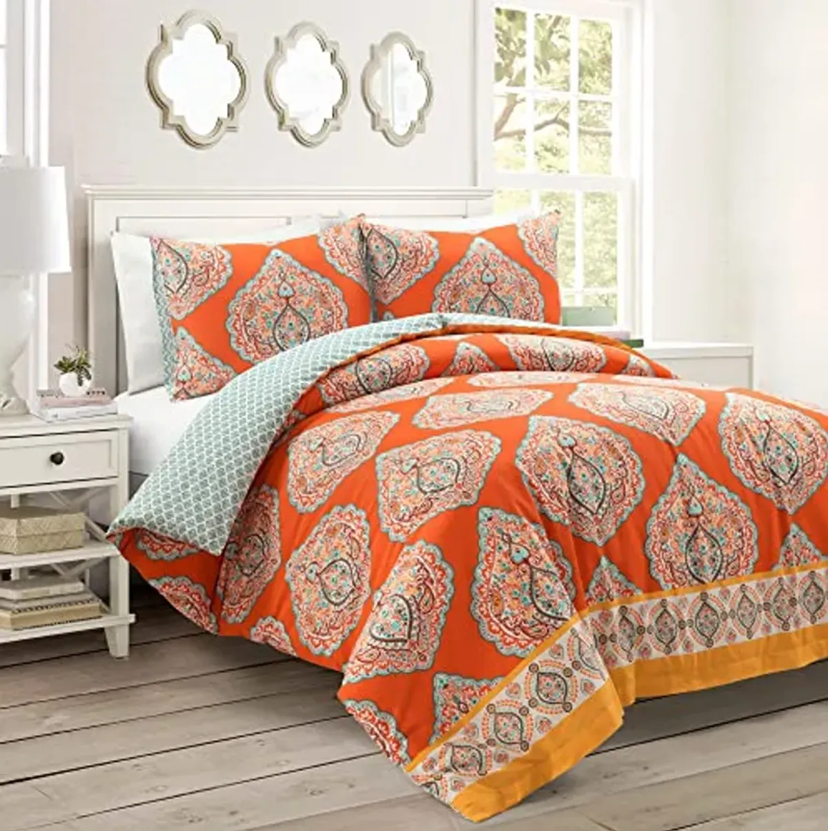 Lush Decor Harley Reversible Cotton Duvet Cover Set, 3 Piece Set, Full/ Queen, Tangerine - Boho Bedding Set - Orange Duvet Cover - Bold & Colorful Paisley Duvet Cover - Maximalist & Boho Bedroom Decor