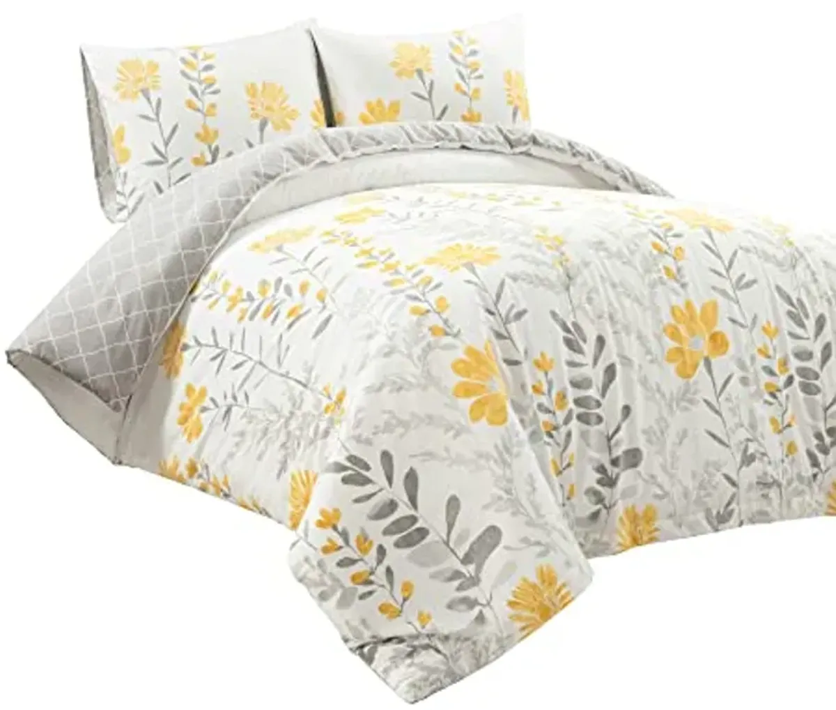 Lush Decor Aprile Reversible Soft Cotton Duvet Cover, 3 Piece Set, Full/ Queen, Yellow & Gray - Spring Bedding Set - Yellow Flower & Leaf Print - Floral Duvet Cover - Cottage & Farmhouse Bedroom Decor