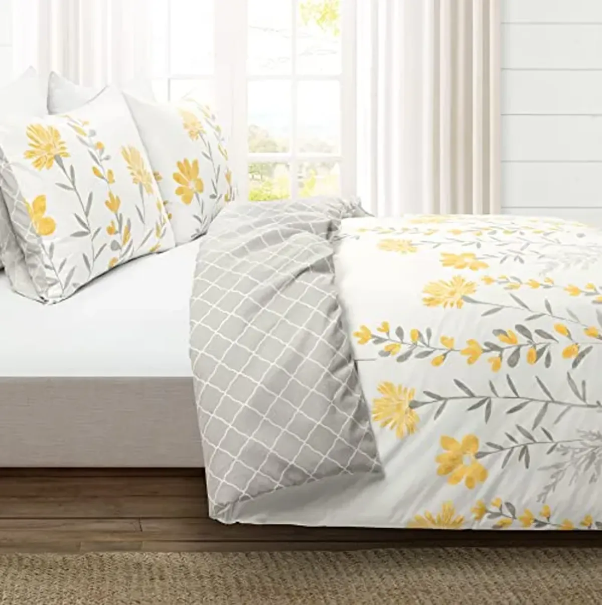 Lush Decor Aprile Reversible Soft Cotton Duvet Cover, 3 Piece Set, Full/ Queen, Yellow & Gray - Spring Bedding Set - Yellow Flower & Leaf Print - Floral Duvet Cover - Cottage & Farmhouse Bedroom Decor