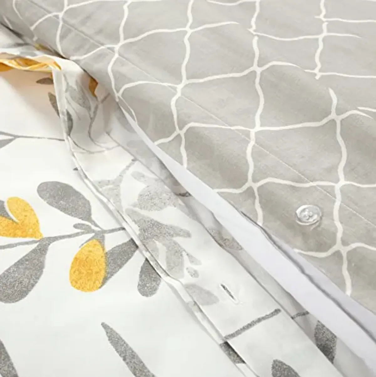 Lush Decor Aprile Reversible Soft Cotton Duvet Cover, 3 Piece Set, Full/ Queen, Yellow & Gray - Spring Bedding Set - Yellow Flower & Leaf Print - Floral Duvet Cover - Cottage & Farmhouse Bedroom Decor