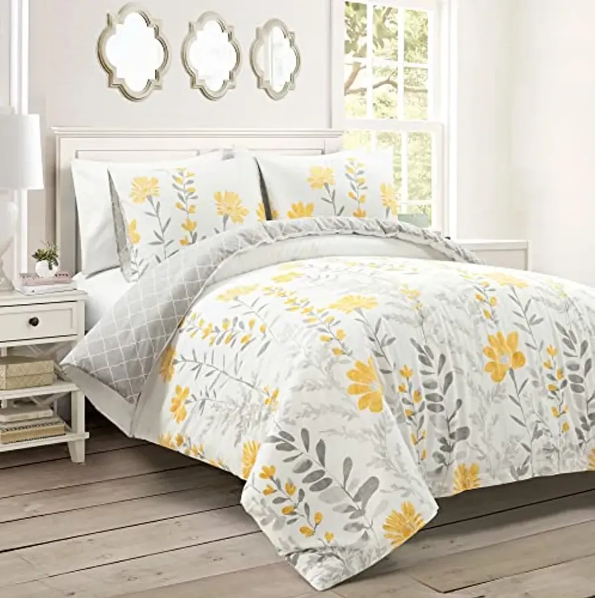 Lush Decor Aprile Reversible Soft Cotton Duvet Cover, 3 Piece Set, Full/ Queen, Yellow & Gray - Spring Bedding Set - Yellow Flower & Leaf Print - Floral Duvet Cover - Cottage & Farmhouse Bedroom Decor