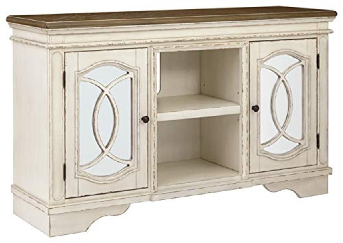 Signature Design by Ashley Realyn French Country Two-Tone TV Stand, White & Rustic Brown & Realyn Vintage Farmhouse Rectangular Lift Top Coffee Table with Storage Drawer, White & Brown