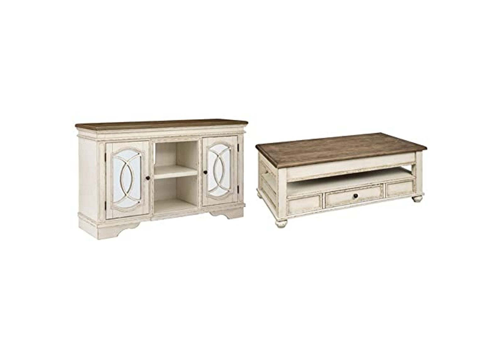 Signature Design by Ashley Realyn French Country Two-Tone TV Stand, White & Rustic Brown & Realyn Vintage Farmhouse Rectangular Lift Top Coffee Table with Storage Drawer, White & Brown