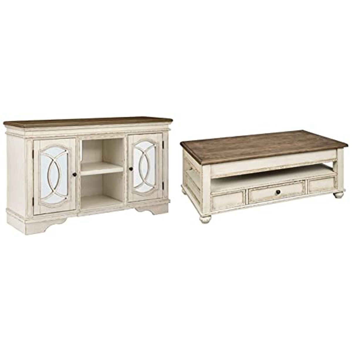 Signature Design by Ashley Realyn French Country Two-Tone TV Stand, White & Rustic Brown & Realyn Vintage Farmhouse Rectangular Lift Top Coffee Table with Storage Drawer, White & Brown