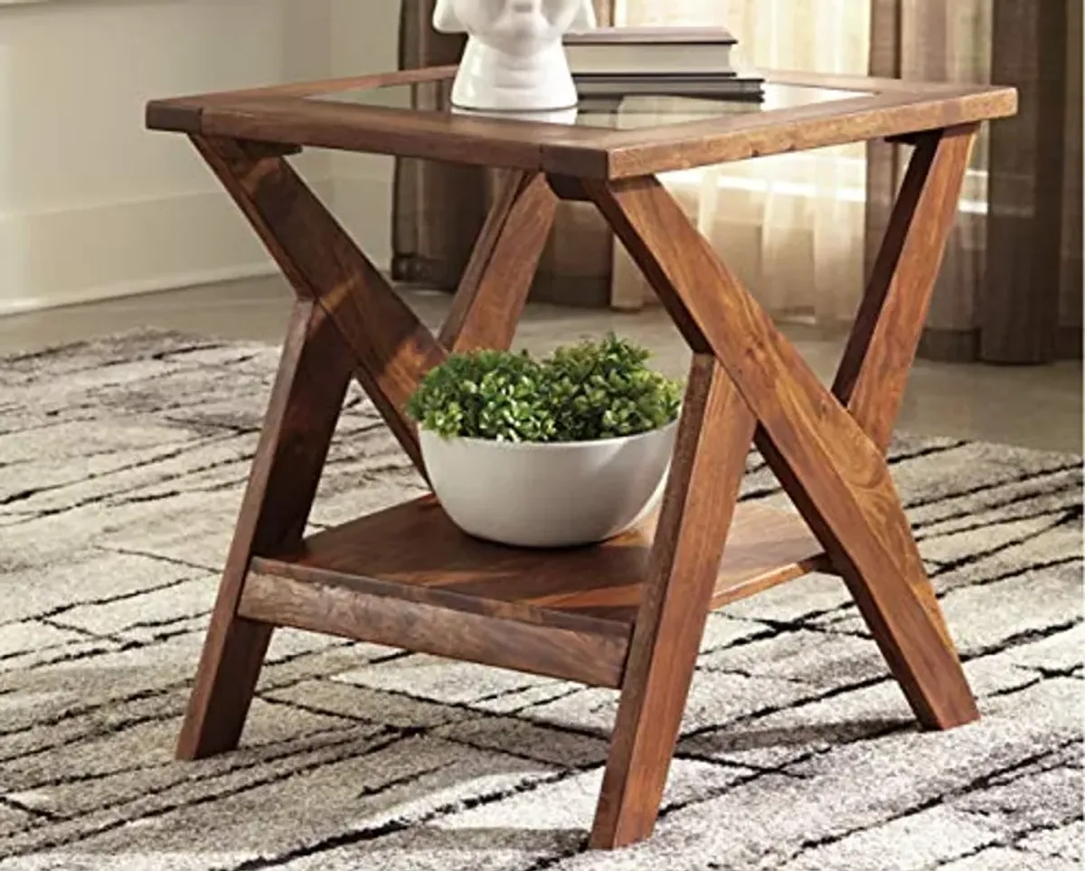 Signature Design by Ashley Charzine Contemporary Rectangular Coffee Table with Clear Tempered Glass Top, Brown Charzine Rectangular Urban Wood End Table, Warm Brown