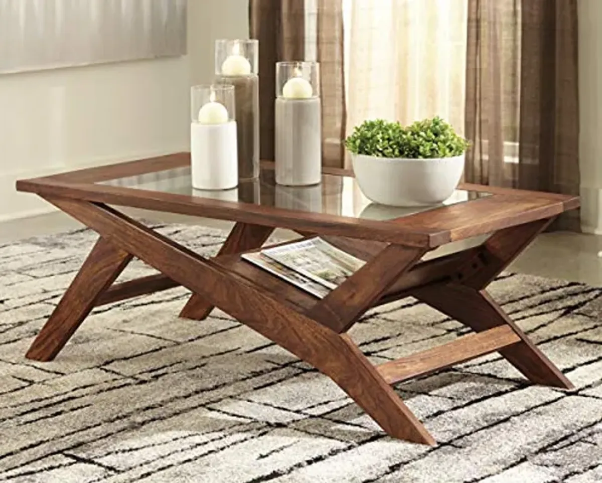 Signature Design by Ashley Charzine Contemporary Rectangular Coffee Table with Clear Tempered Glass Top, Brown Charzine Rectangular Urban Wood End Table, Warm Brown