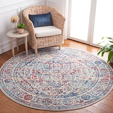SAFAVIEH Brentwood Collection 5' Round Ivory/Blue BNT832B Medallion Distressed Non-Shedding Area Rug