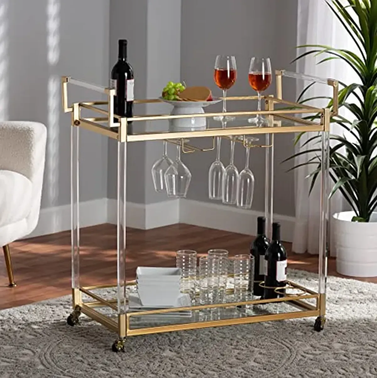 Baxton Studio Savannah Wine Cart, One Size, Gold/Clear