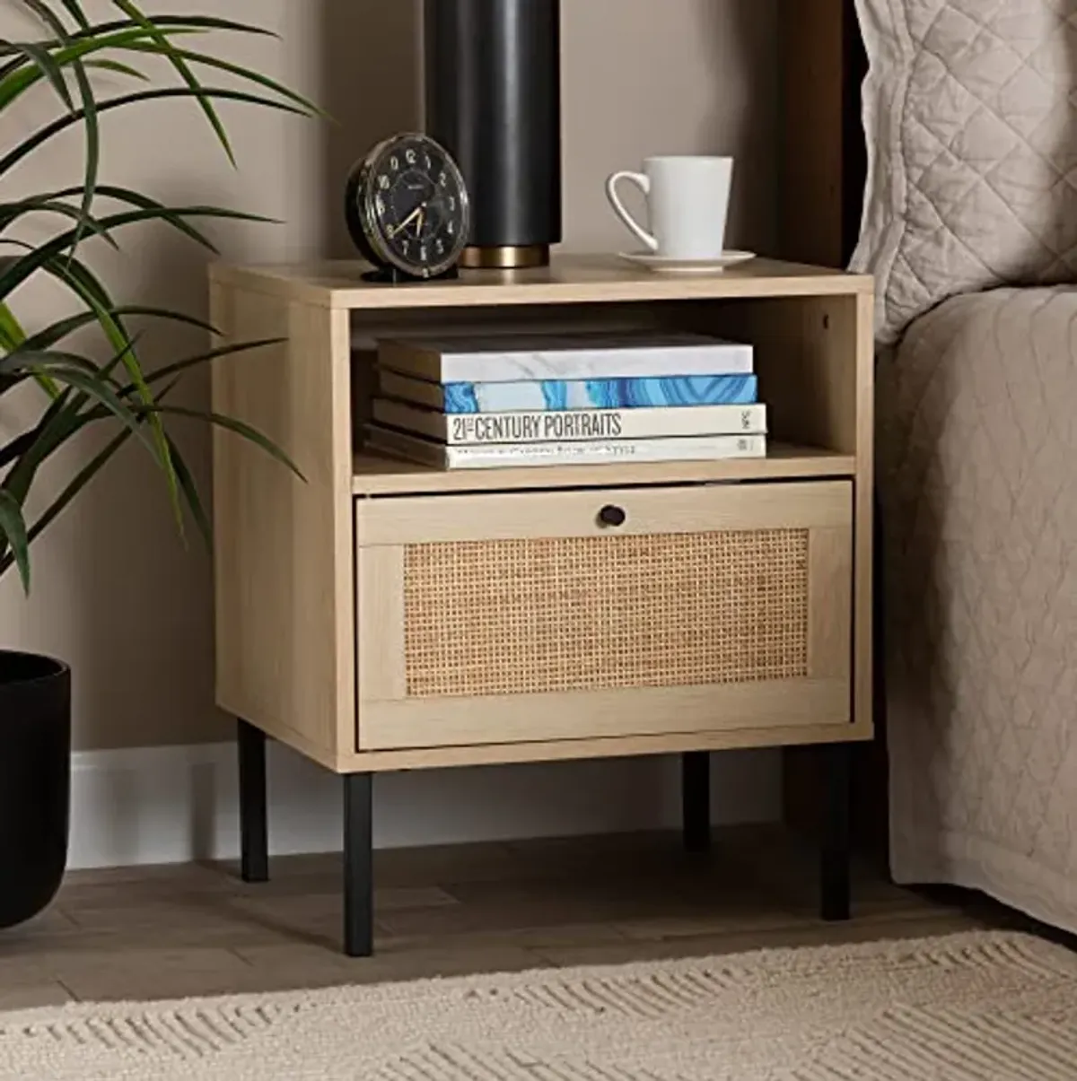 Baxton Studio Caterina Mid-Century Modern Transitional Natural Brown Finished Wood and Natural Rattan 1-Door End Table