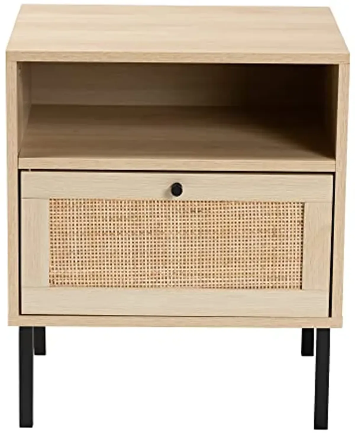 Baxton Studio Caterina Mid-Century Modern Transitional Natural Brown Finished Wood and Natural Rattan 1-Door End Table