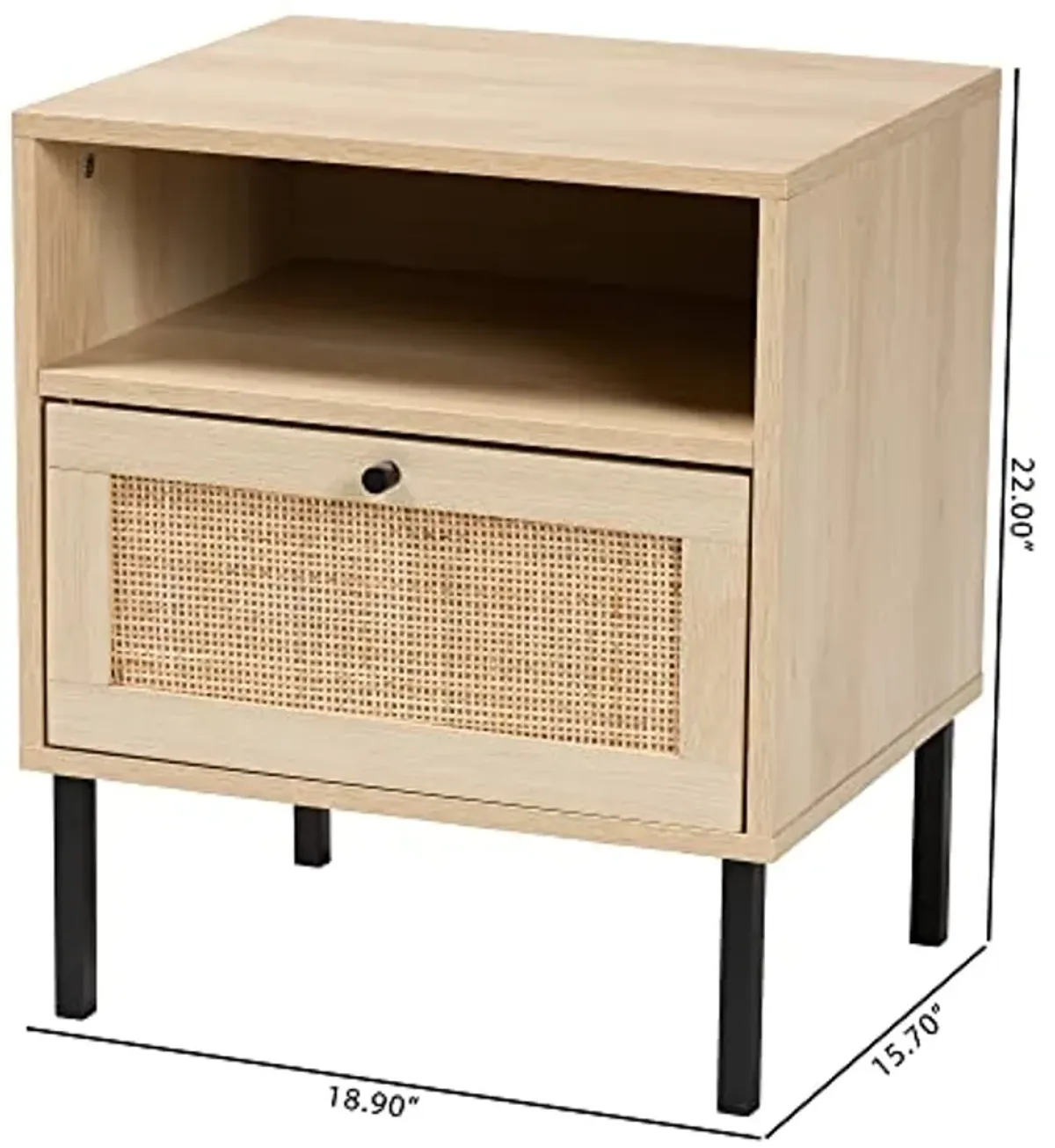 Baxton Studio Caterina Mid-Century Modern Transitional Natural Brown Finished Wood and Natural Rattan 1-Door End Table