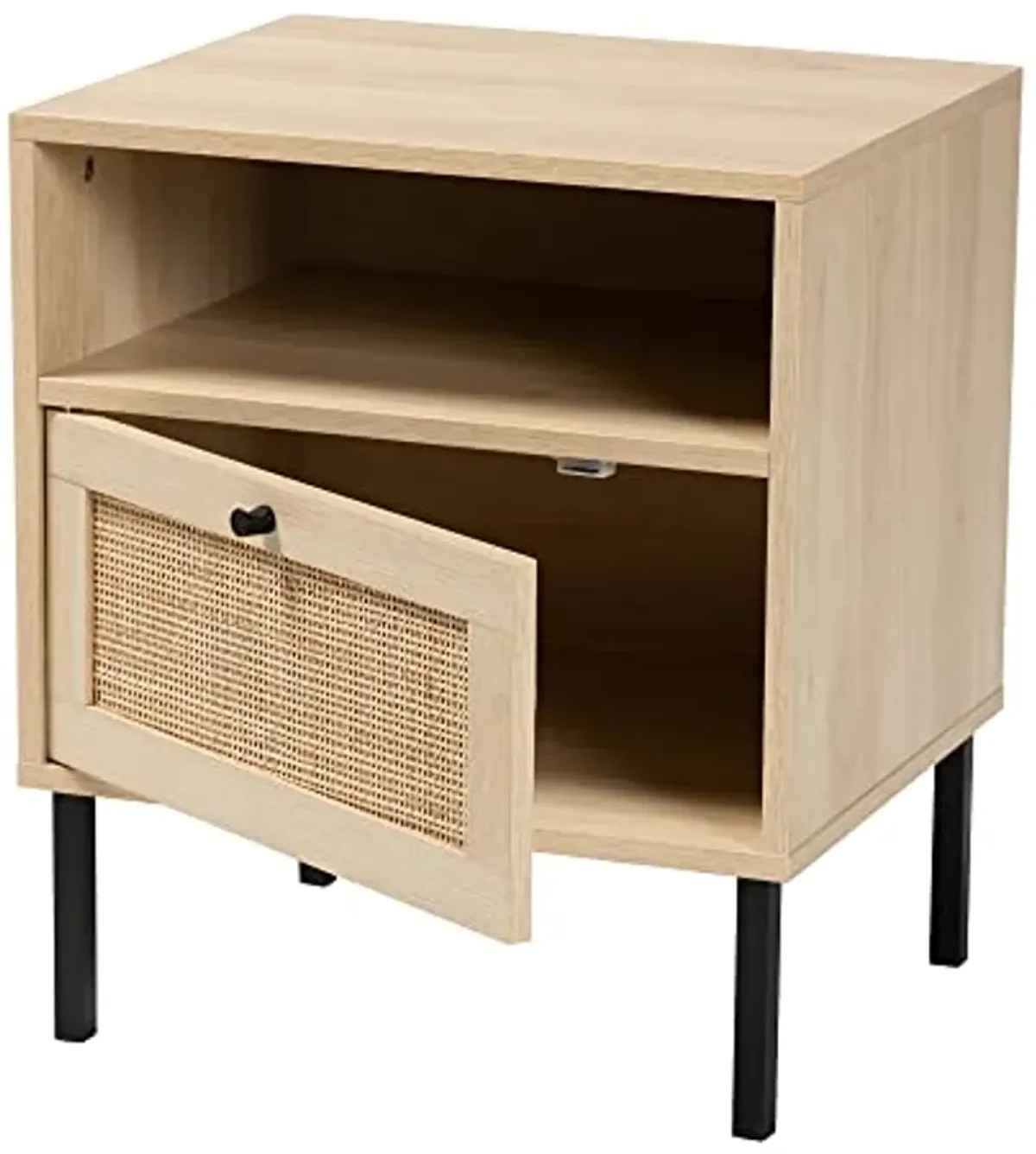 Baxton Studio Caterina Mid-Century Modern Transitional Natural Brown Finished Wood and Natural Rattan 1-Door End Table