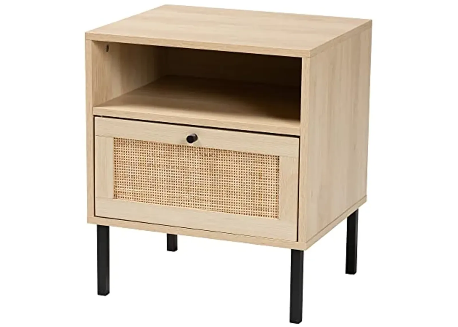 Baxton Studio Caterina Mid-Century Modern Transitional Natural Brown Finished Wood and Natural Rattan 1-Door End Table