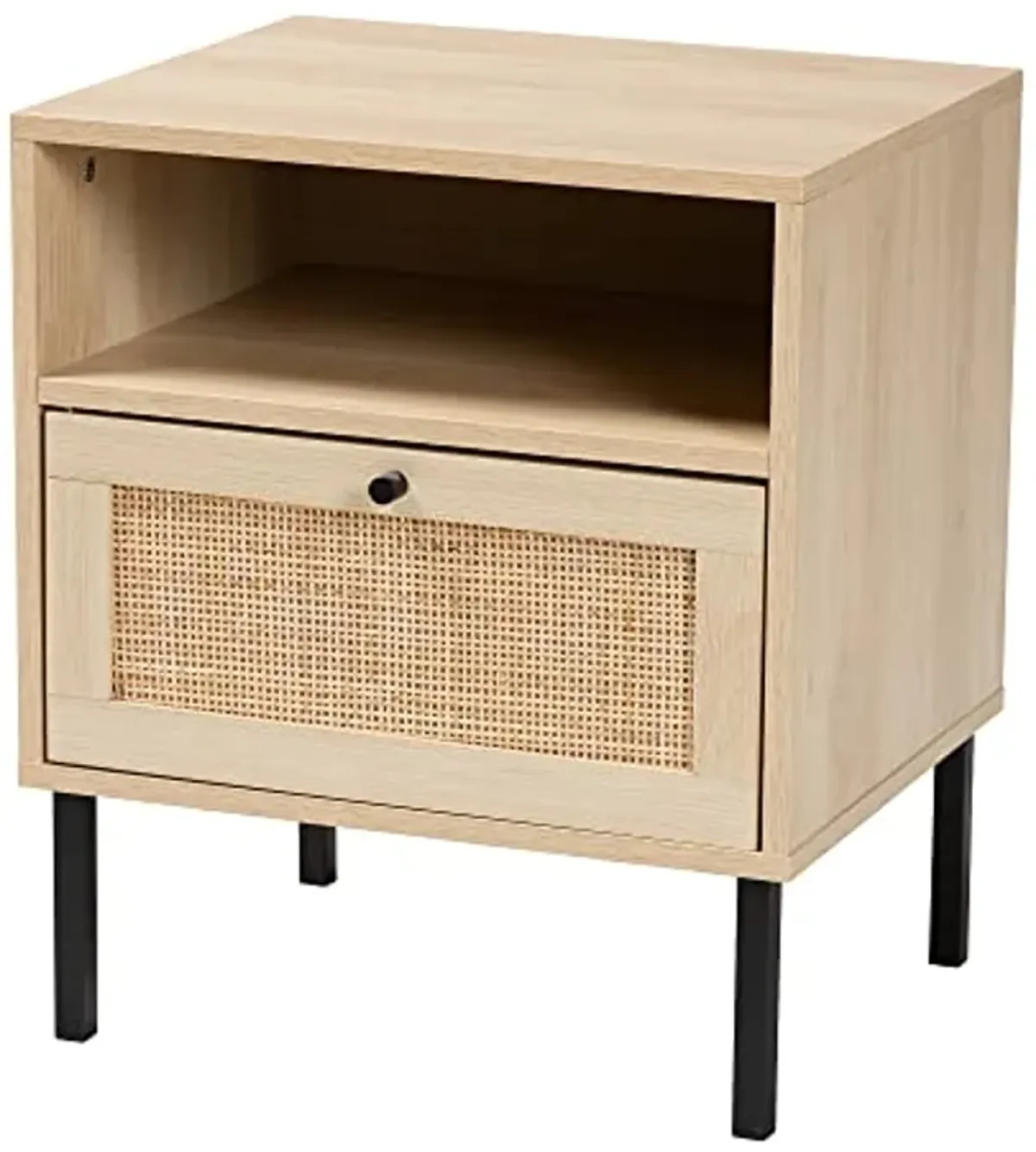 Baxton Studio Caterina Mid-Century Modern Transitional Natural Brown Finished Wood and Natural Rattan 1-Door End Table