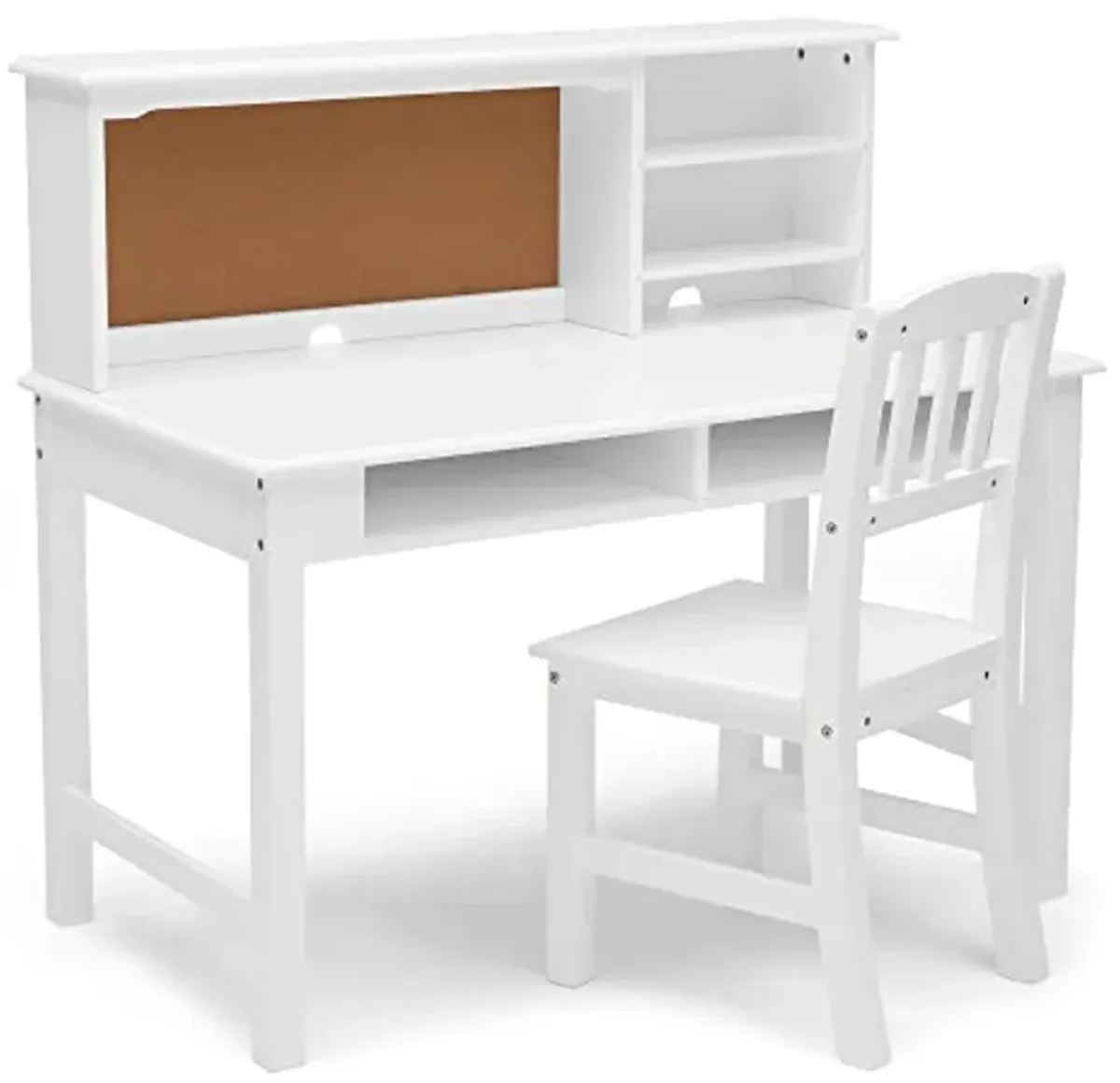 Delta Children Kids Wood Desk with Hutch and Chair - includes Cork Bulletin Board, Cubbies and Cutouts for Cords & Wires - Childrens Study/Computer/Writing Workstation (for Ages 5-12), Bianca White