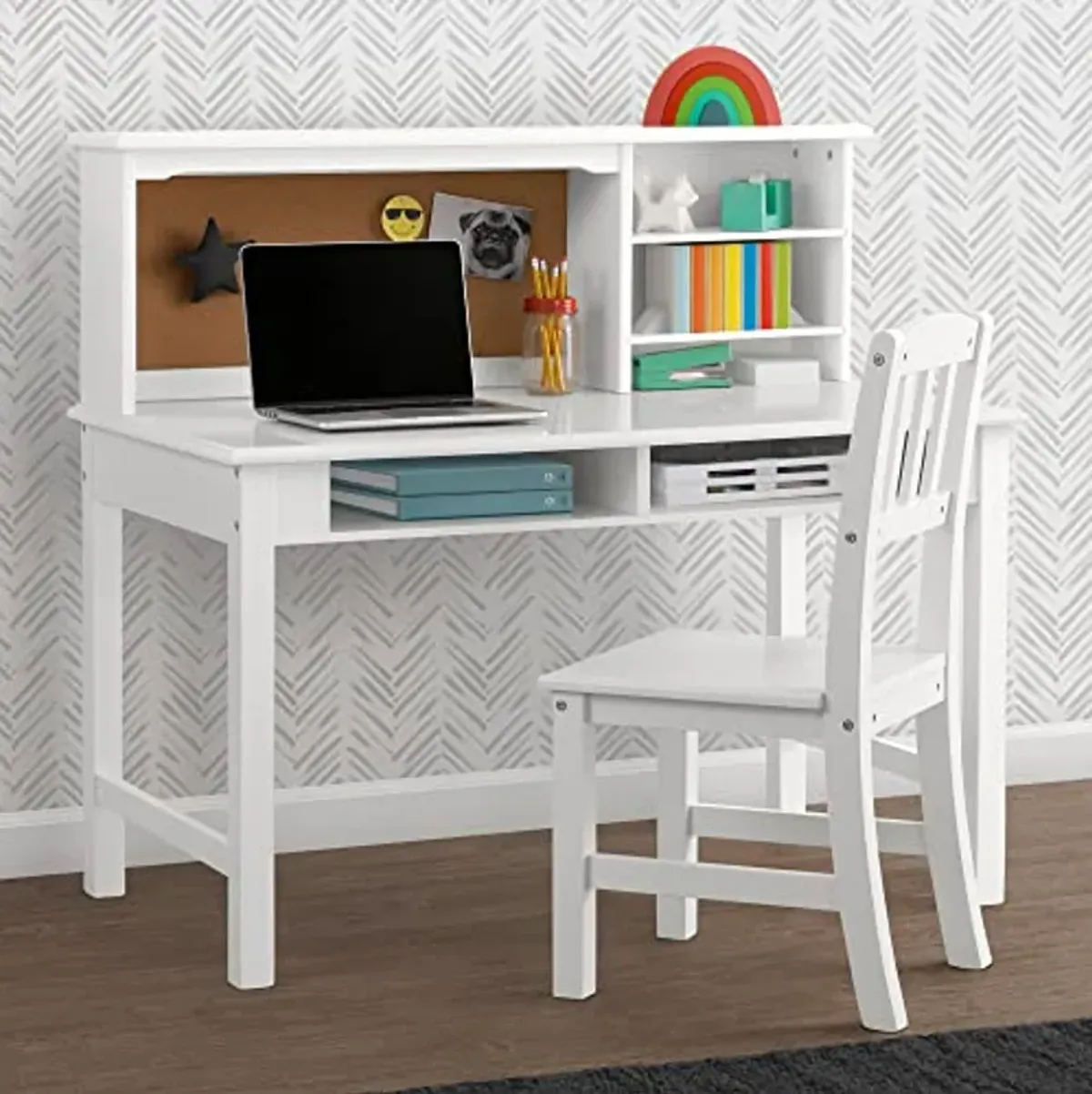 Delta Children Kids Wood Desk with Hutch and Chair - includes Cork Bulletin Board, Cubbies and Cutouts for Cords & Wires - Childrens Study/Computer/Writing Workstation (for Ages 5-12), Bianca White