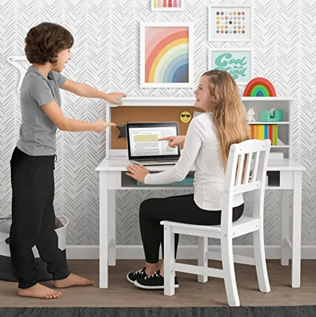 Delta Children Kids Wood Desk with Hutch and Chair - includes Cork Bulletin Board, Cubbies and Cutouts for Cords & Wires - Childrens Study/Computer/Writing Workstation (for Ages 5-12), Bianca White