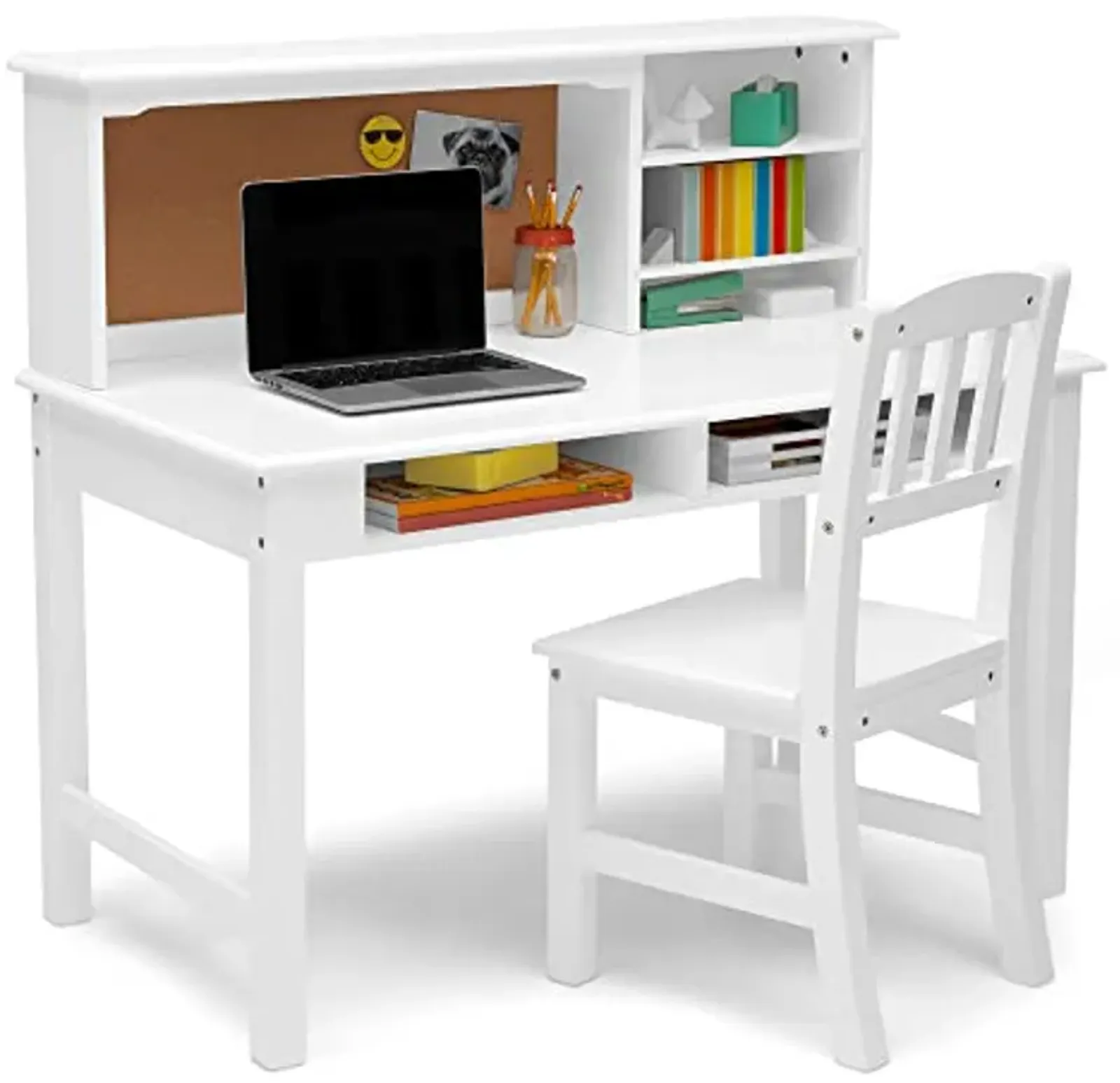 Delta Children Kids Wood Desk with Hutch and Chair - includes Cork Bulletin Board, Cubbies and Cutouts for Cords & Wires - Childrens Study/Computer/Writing Workstation (for Ages 5-12), Bianca White