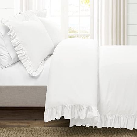 Lush Decor Reyna 3-Piece Ruffled Cotton Duvet Cover Bedding Set, Full/Queen, White