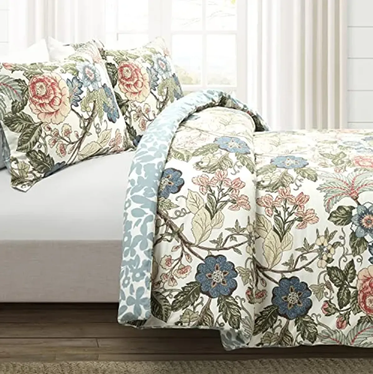 Lush Decor Sydney Reversible 100% Cotton Duvet Cover Set - Charming & Colorful Floral Leaf Design - 3 Piece Botanical Bedding Set With Shams - Full/ Queen, Green & Blue