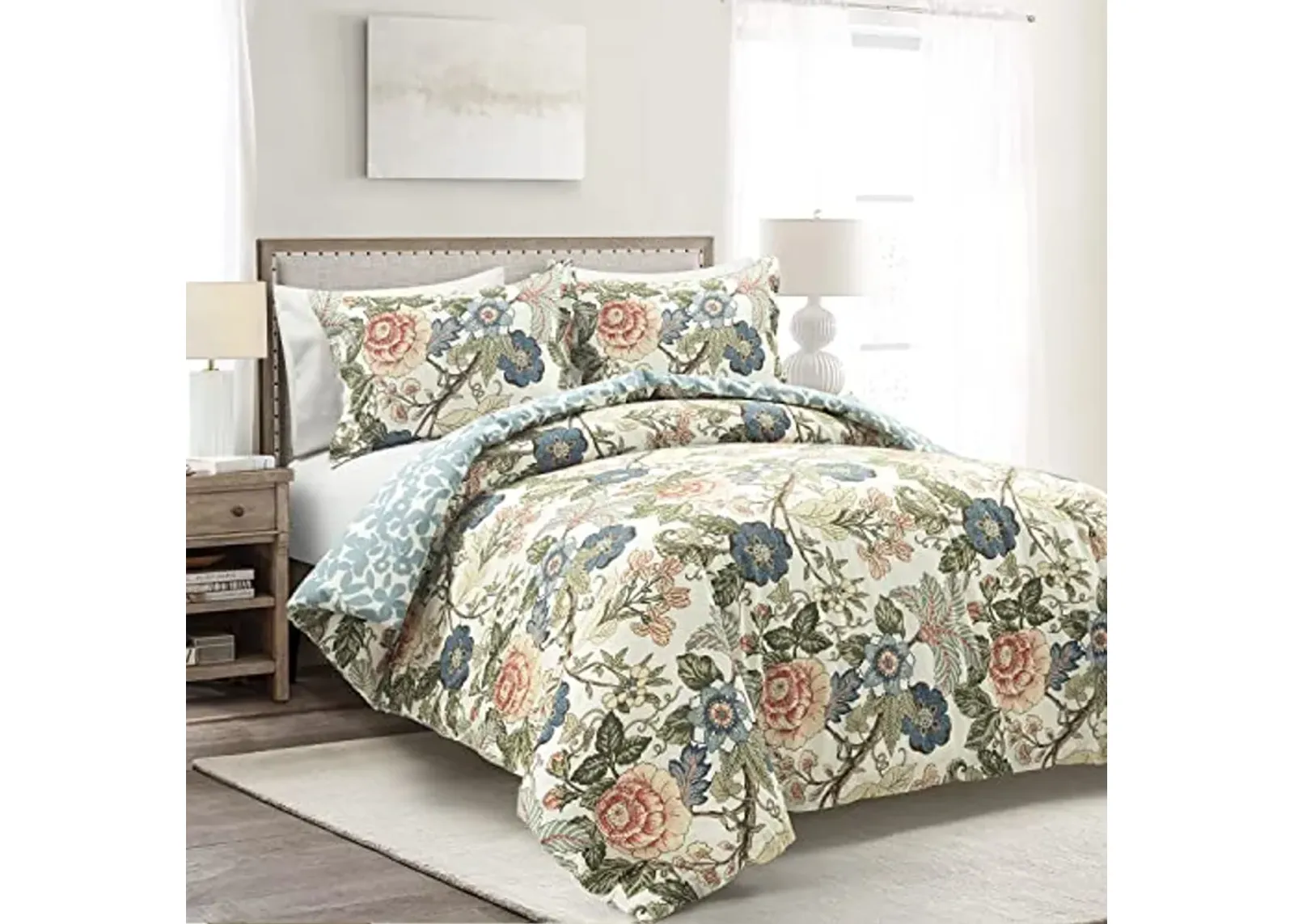 Lush Decor Sydney Reversible 100% Cotton Duvet Cover Set - Charming & Colorful Floral Leaf Design - 3 Piece Botanical Bedding Set With Shams - Full/ Queen, Green & Blue