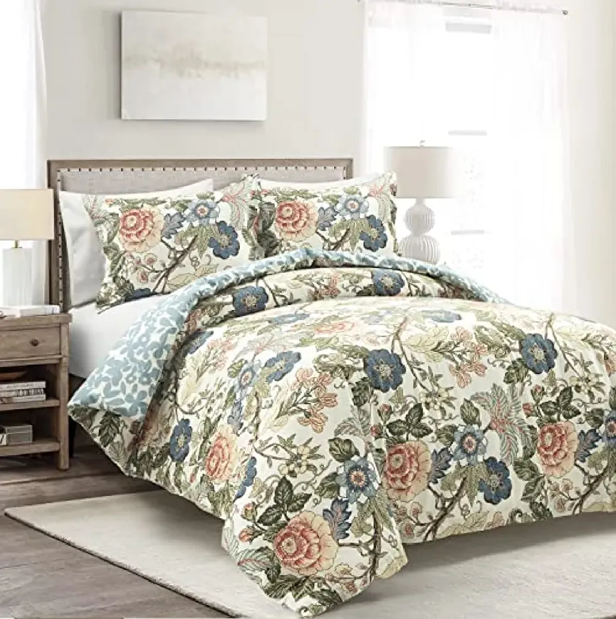 Lush Decor Sydney Reversible 100% Cotton Duvet Cover Set - Charming & Colorful Floral Leaf Design - 3 Piece Botanical Bedding Set With Shams - Full/ Queen, Green & Blue