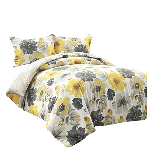 Lush Decor Leah 6 Piece Floral Duvet Set, Full/Queen, Yellow & Gray