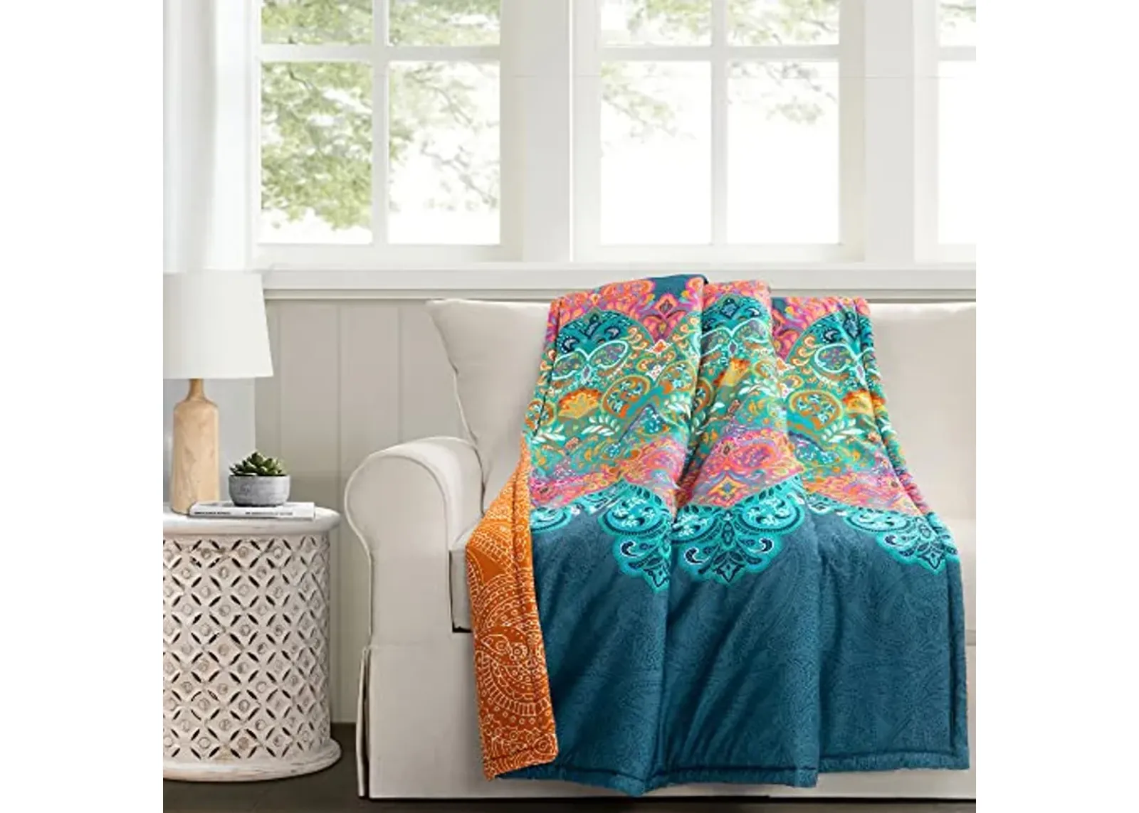 Lush Decor Boho Chic Reversible Throw Blanket, 60" x 50", Turquoise &Navy