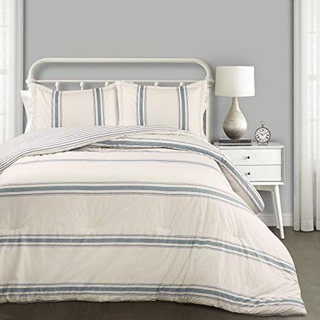 Lush Decor Farmhouse Stripe 3 Piece Reversible Comforter Bedding Set, California King, Blue