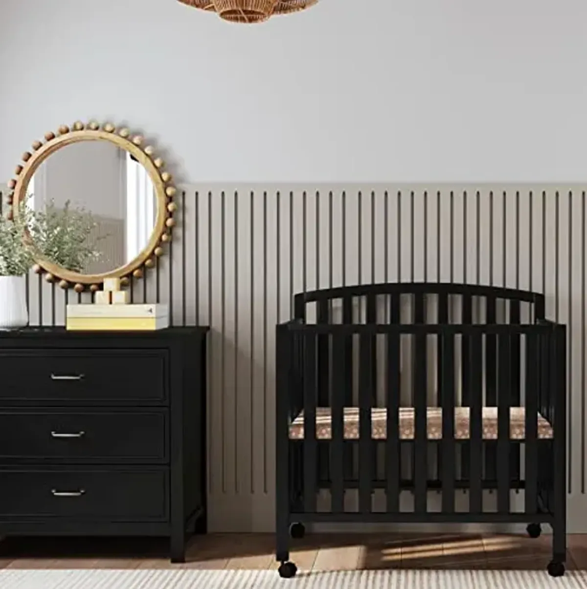 DaVinci Dylan 3-in-1 Portable Baby Crib with Wheels - Toddler Bed & Daybed Conversion - Perfect for Small Spaces & Easy Assembly, GREENGUARD Gold Certified with 4 Adjustable Mattress Heights - Ebony
