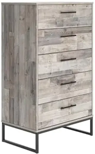 Signature Design by Ashley Neilsville 5 Drawer Chest, Dark Gray Handles, Metal Sled Legs with Dark Brown Finish, 51" High, Light Brown, Whitewashed Butcher Block Finish