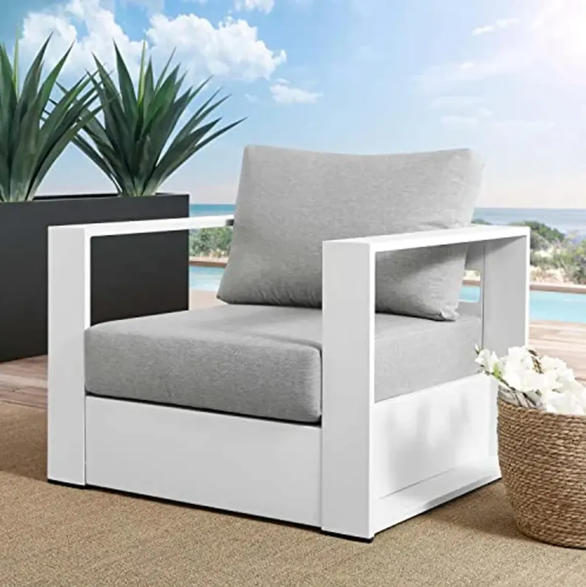 Modway Tahoe Modern Fabric/Aluminum Outdoor Armchair in White/Gray