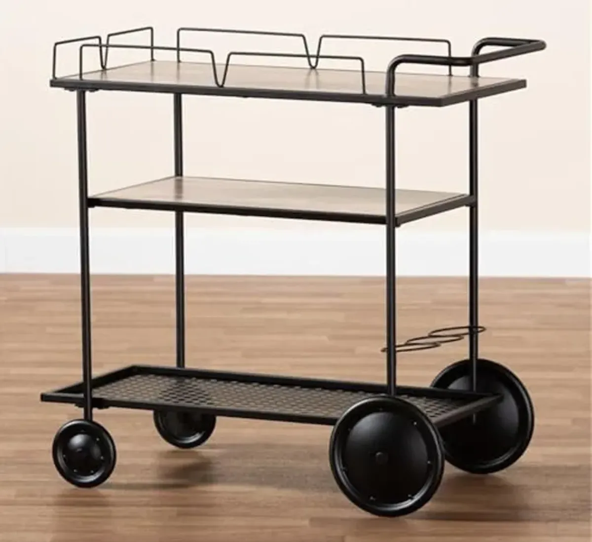 Baxton Studio Huntley Walnut Brown Wood and Black Metal Mobile Wine Cart