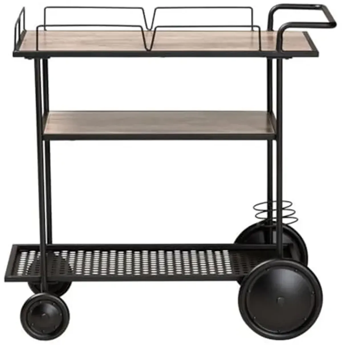 Baxton Studio Huntley Walnut Brown Wood and Black Metal Mobile Wine Cart