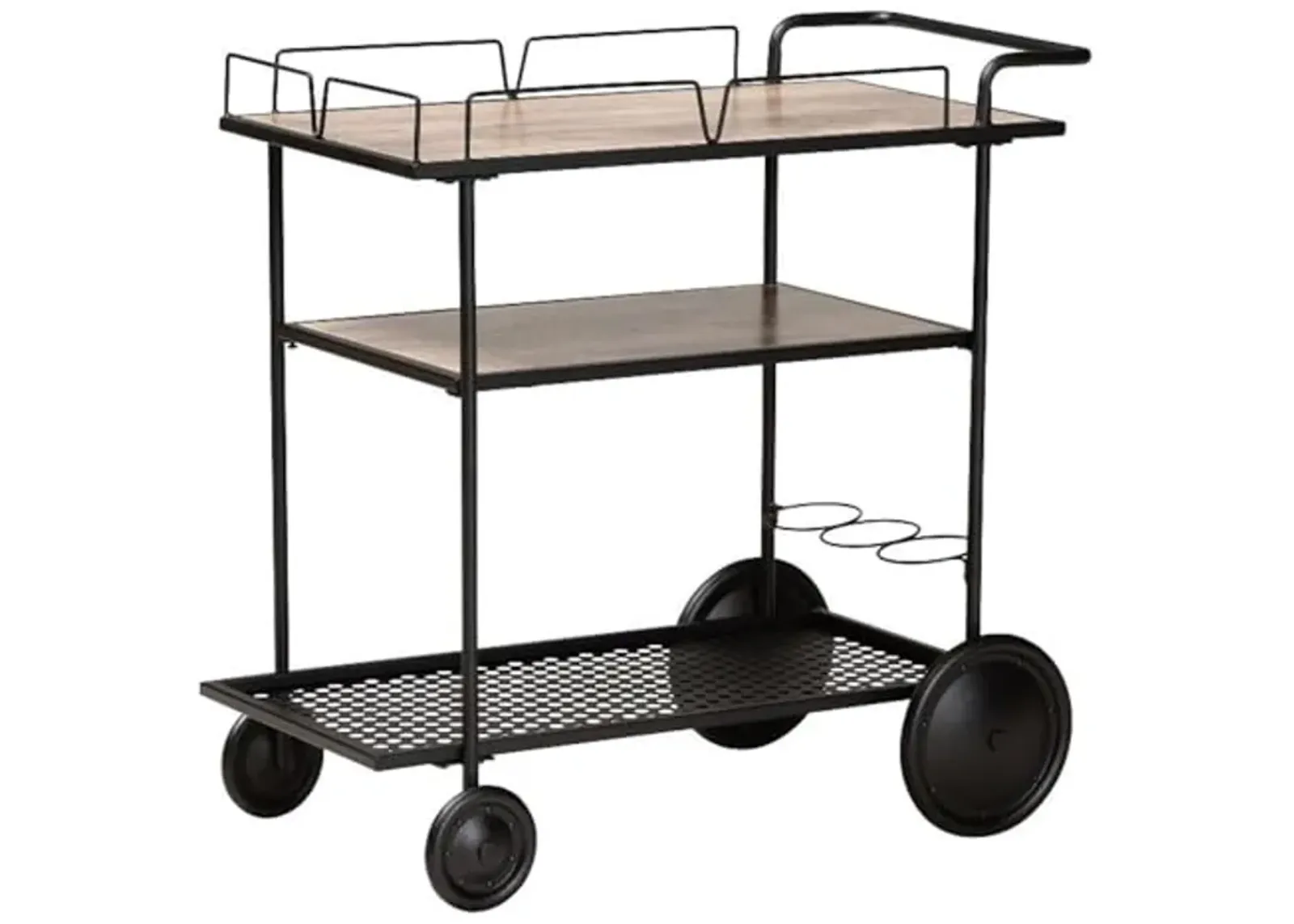 Baxton Studio Huntley Walnut Brown Wood and Black Metal Mobile Wine Cart