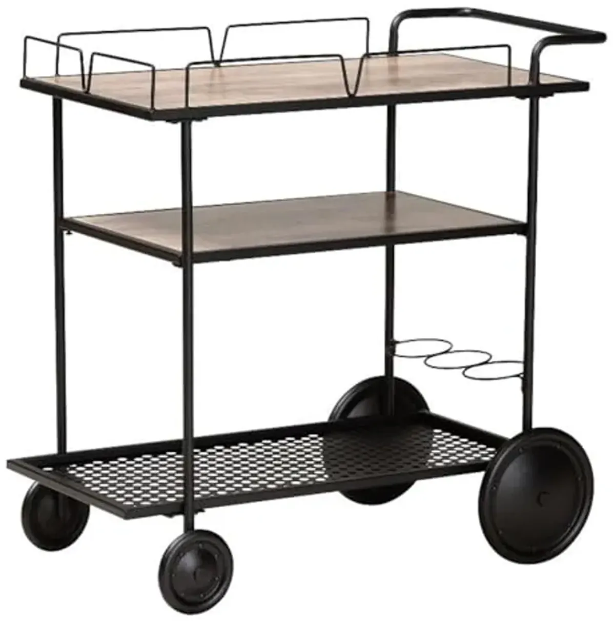 Baxton Studio Huntley Walnut Brown Wood and Black Metal Mobile Wine Cart