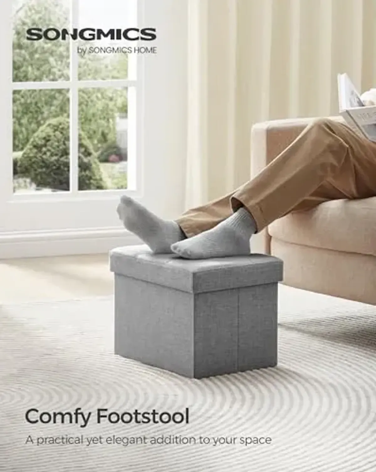 SONGMICS Mazie Collection - Small Folding Storage Ottoman, Foot Rest Stool, 12.2 x 16.1 x 12.2 Inches, 286 lb Load Capacity, for Living Room, Bedroom, Home Office, Dorm, Light Gray ULSF102G02